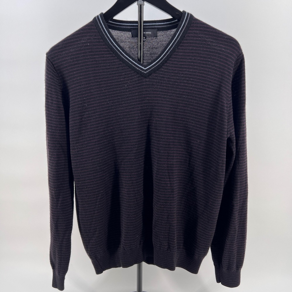 Saks Fifth Avenue Mens Merino Wool Blend V-Neck Striped Sweater Purple Black M